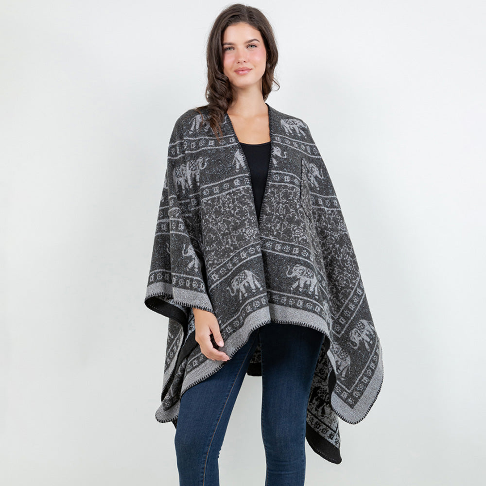 Open Front Elephant Pattern Print Shawl Wrap Poncho with Loop