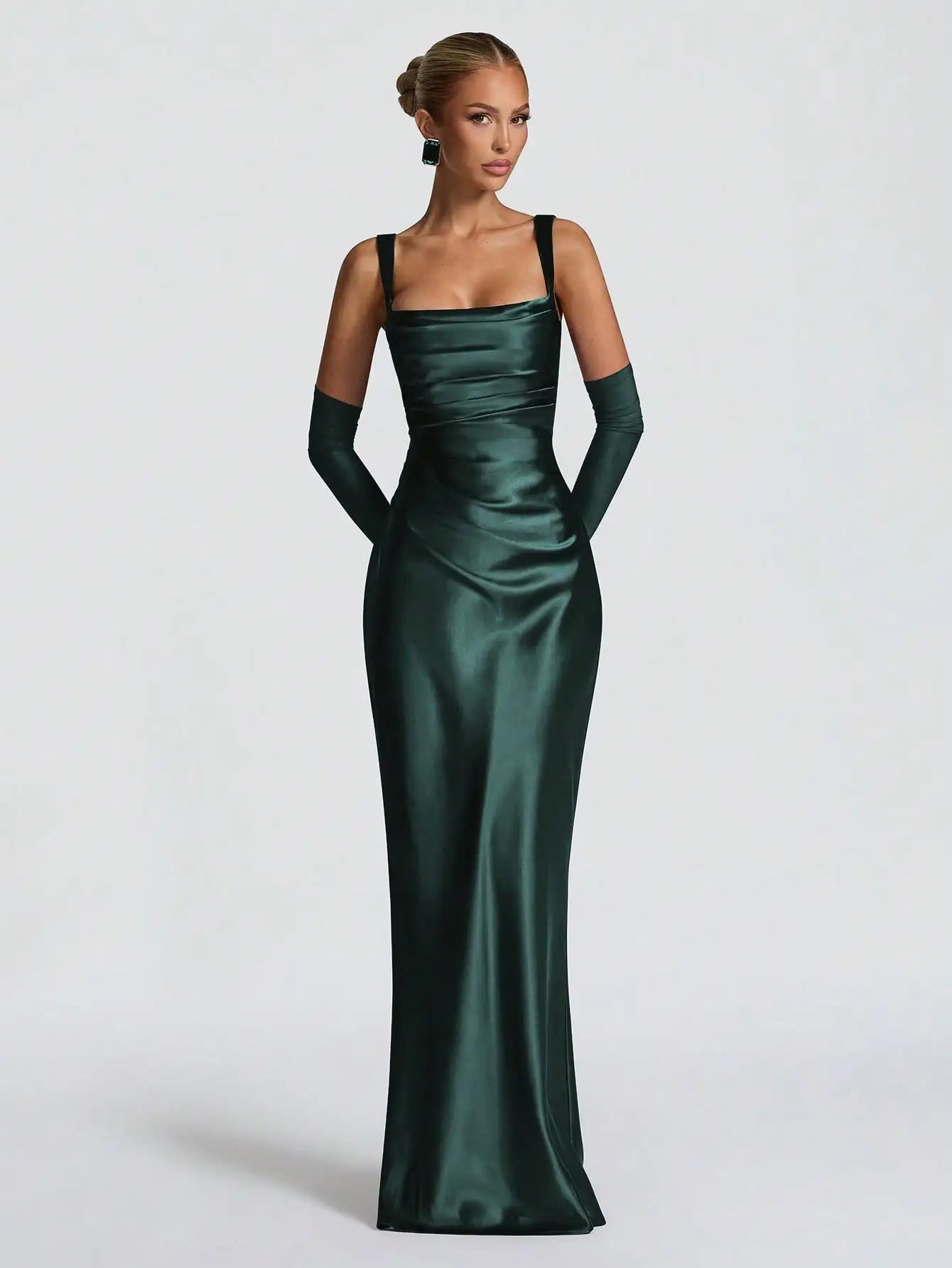 Black Satin Floor-Length Slip Dress With Ruched Waist And Sheer Gloves For Evening Gala Or Wedding Event