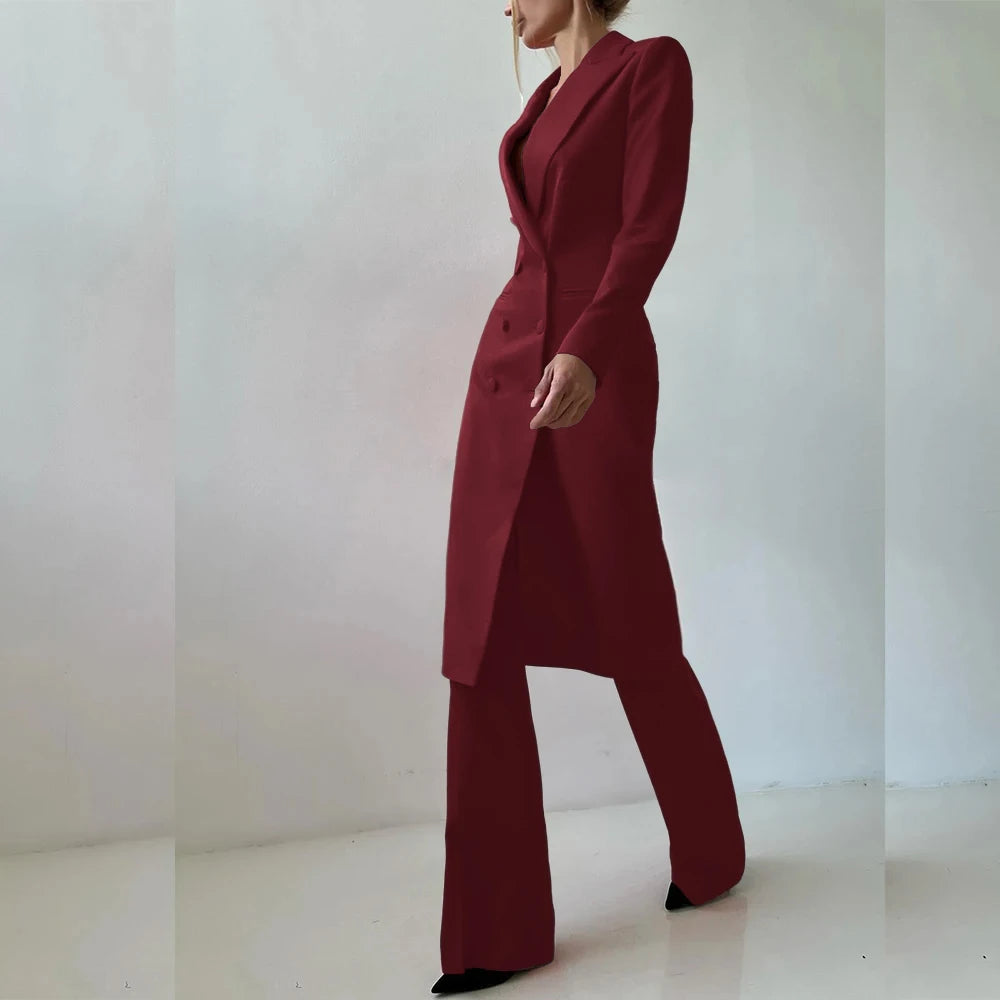 Customized Elegant Slim Fit Women's Suits 2 Piece Blazer Double Breasted Peak Lapel Long Jacket Pants Sets Fashion Clothing 2025