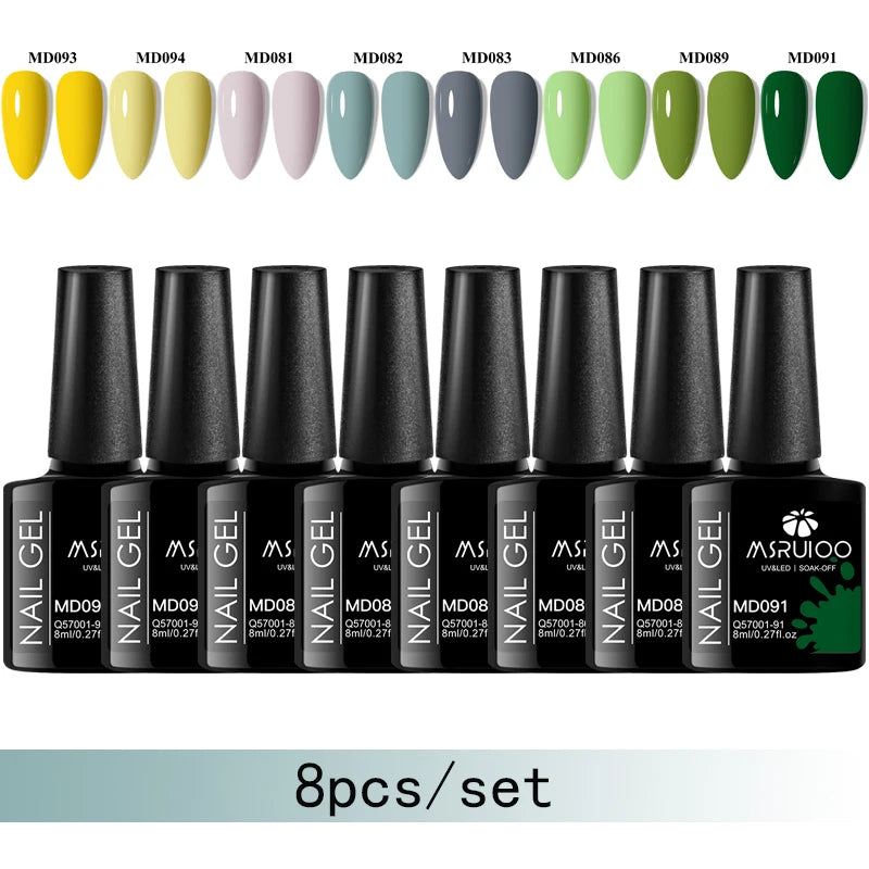 MSRUIOO 8pc Gel Nail Polish Kits Summer Colorful Semi Permanent UV LED Gel Polish Set Glitter Nail Art Varnish Design Manicure