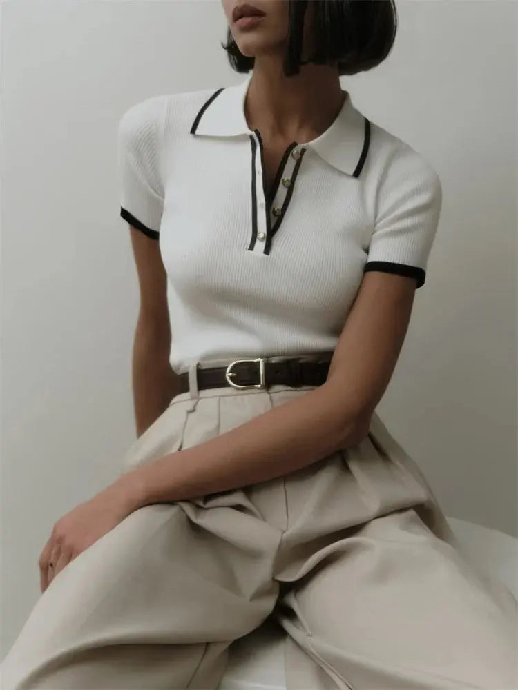Contrast Patchwork Knit Top with Lapel Collar