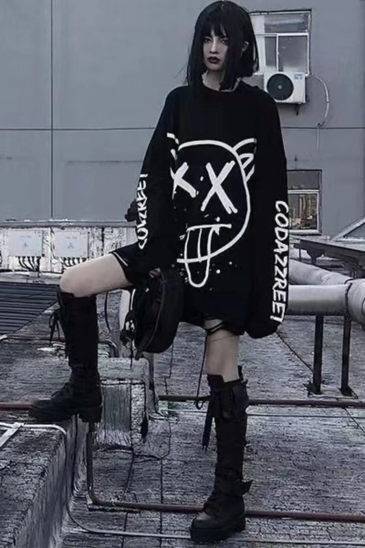 Graffiti Grimace Print Long Sleeve Loose Hoodie