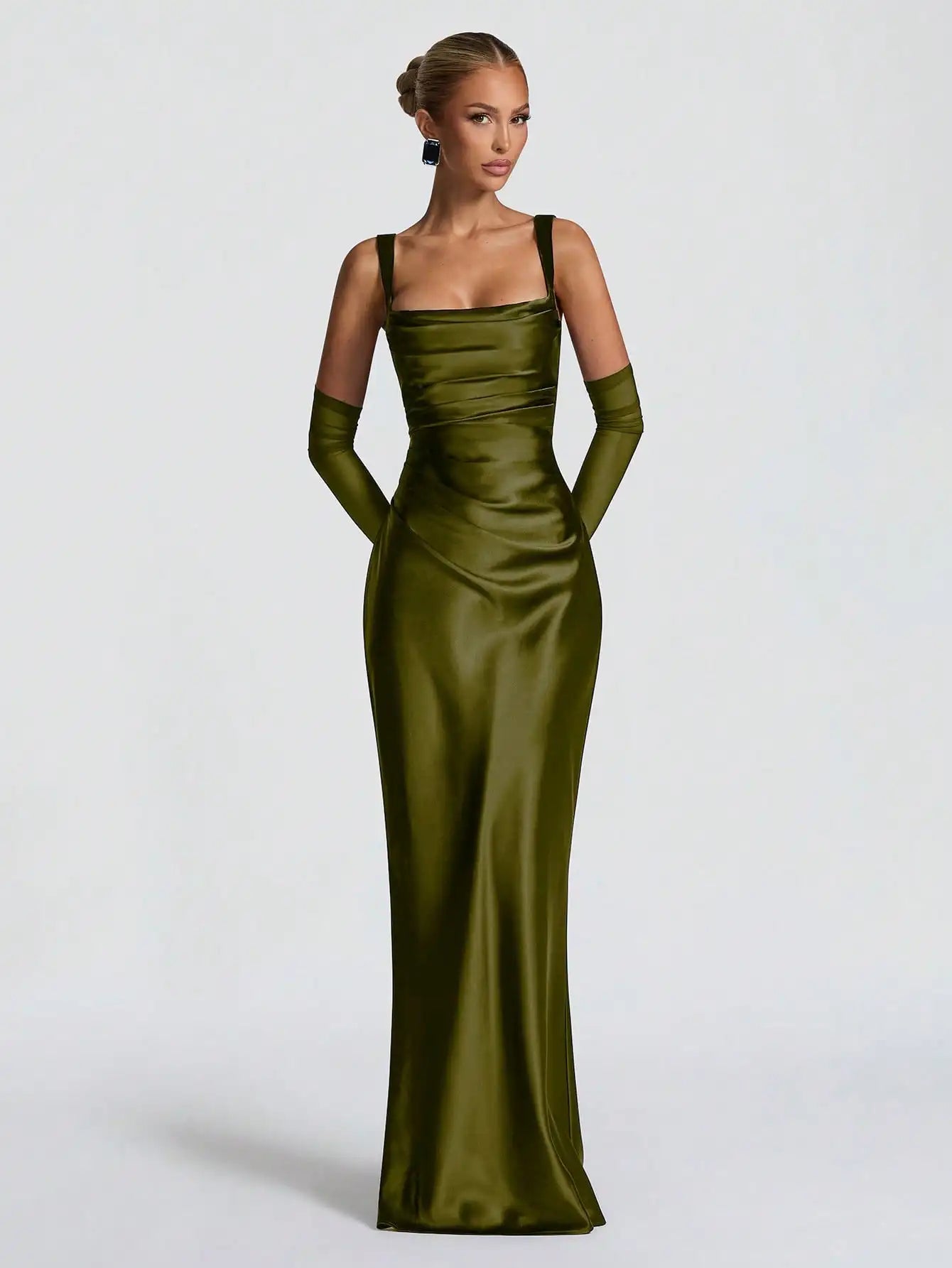 Black Satin Floor-Length Slip Dress With Ruched Waist And Sheer Gloves For Evening Gala Or Wedding Event