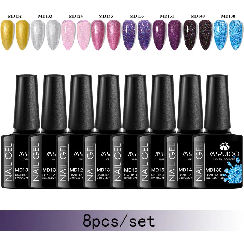 MSRUIOO 8pc Gel Nail Polish Kits Summer Colorful Semi Permanent UV LED Gel Polish Set Glitter Nail Art Varnish Design Manicure