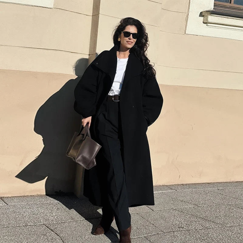 Women's Elegant Faux Suede Long Jacket Stand Collar Bat Sleeve Solid Overcoat Outwears 2025 Autumn Winter Female Streetwears