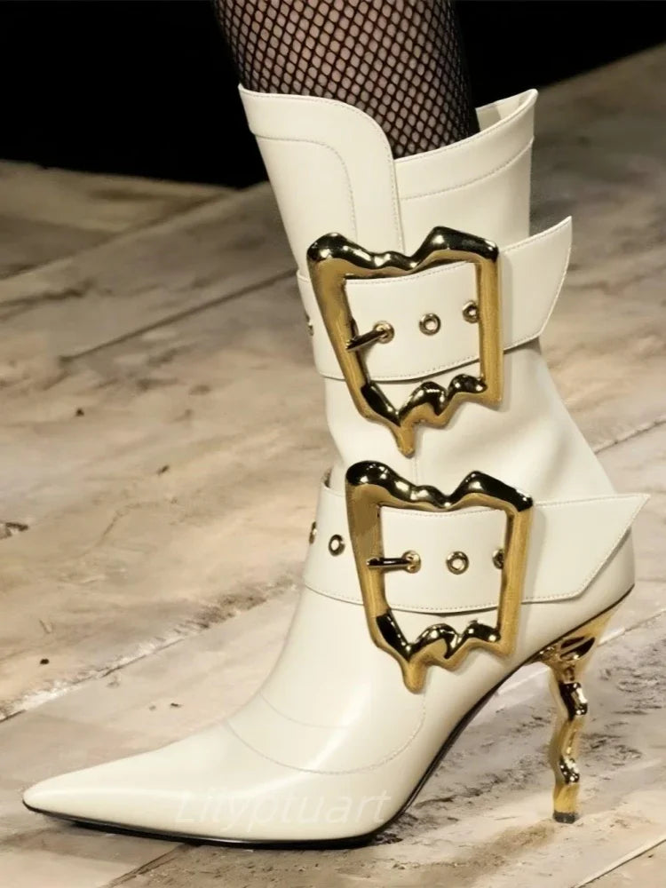 Gold Beltbuckle Decorative Sidezipper Kneehigh Boots Women's Metal High-heeled Versatile Banquet Boots
