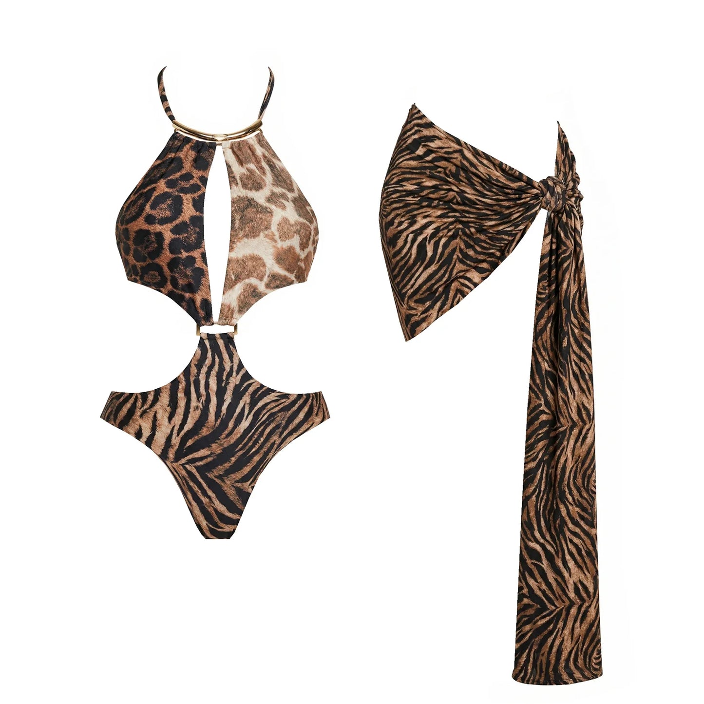 New 2Pcs Halter Swimsuit With Mini Skirt Women Bikini Push Up Swimwear Bandeau Biquini Printed Swim Suit Bathingsuit Beachwear