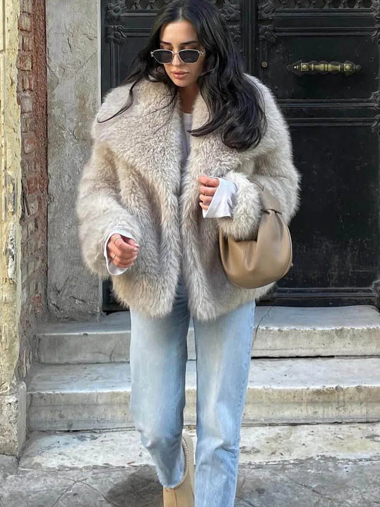 Cropped Faux Fur Coat Long Sleeve Front Snap-button Female Outerwear Chic Lapel Collar Thick Coat