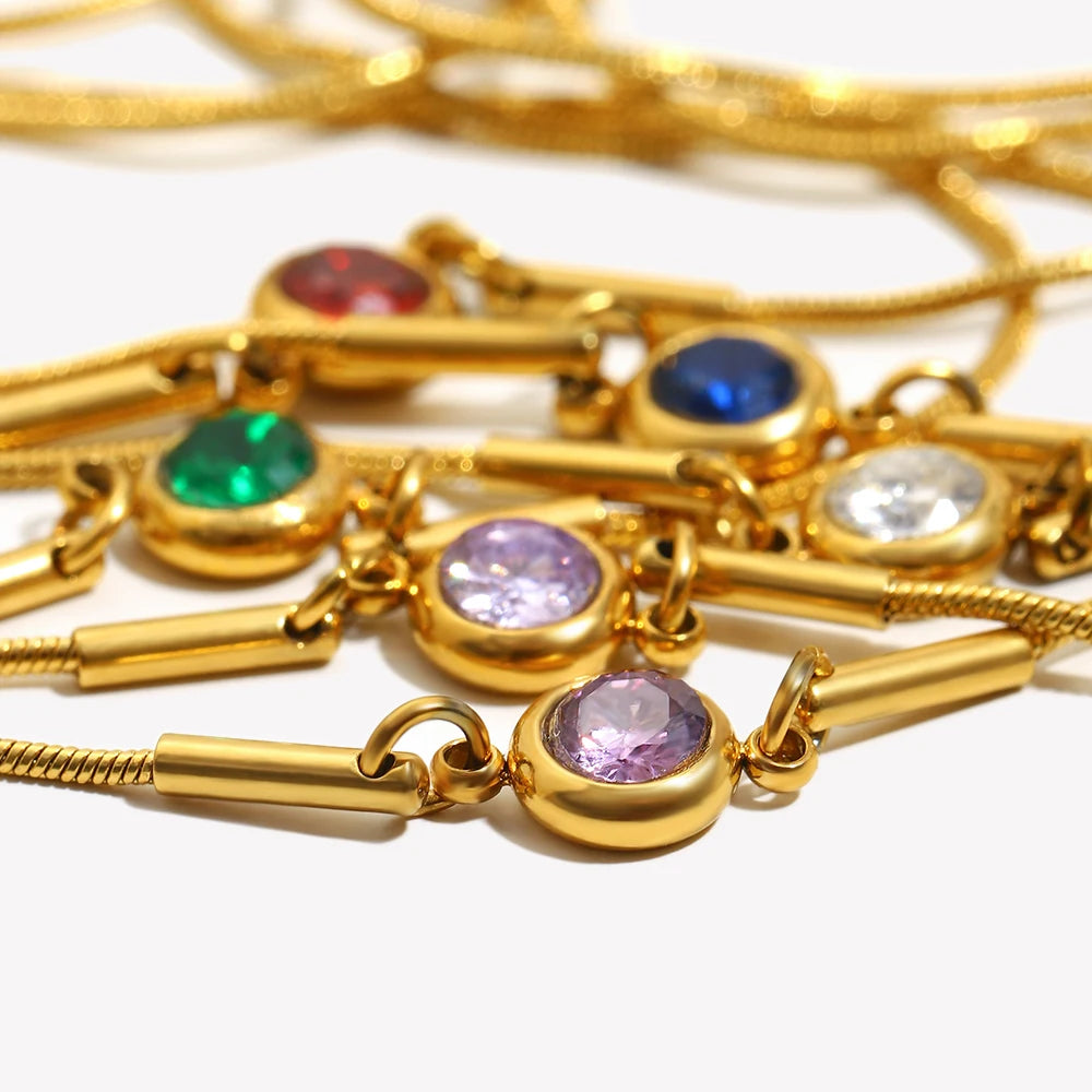 E.B.belle Colorful Round Zircon Birthstone Snake Chain Adjustable Bracelet Chain Gold Plated Stainless Steel Women Chic Jewelry