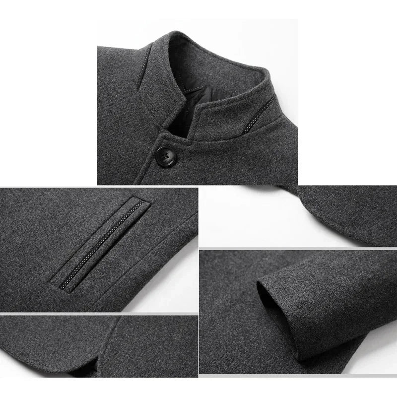 Mens Winter Wool Coat Stand Collar Business Jacket (Gray)-1