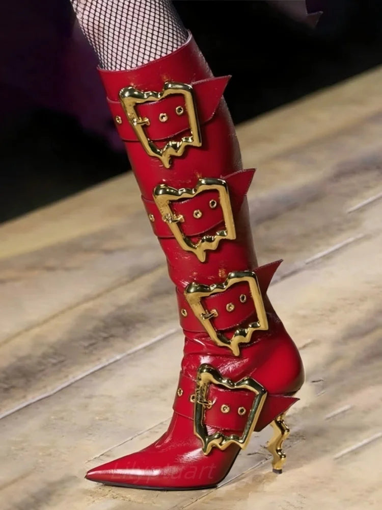Gold Beltbuckle Decorative Sidezipper Kneehigh Boots Women's Metal High-heeled Versatile Banquet Boots