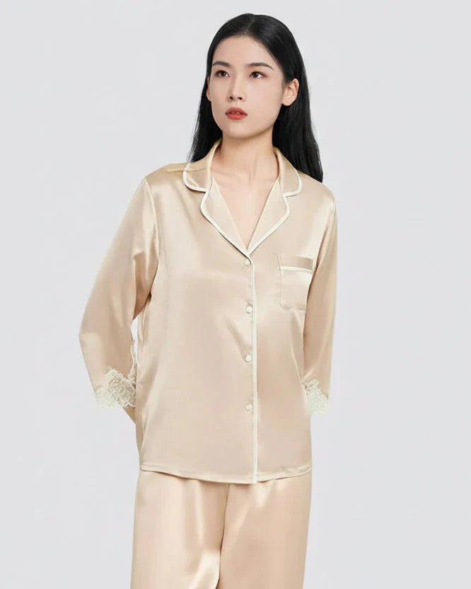 Mulberry Silk Pajama Set with Lace Trim 3-Piece Loungewear