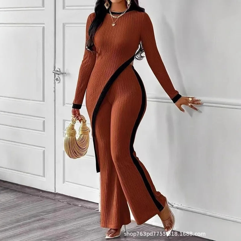 Striped Splicing Irregular Suit Round Neck Fashion Office Commuting Elegant Wide-leg Trousers Conjunto Dos Piezas Mujer Invierno