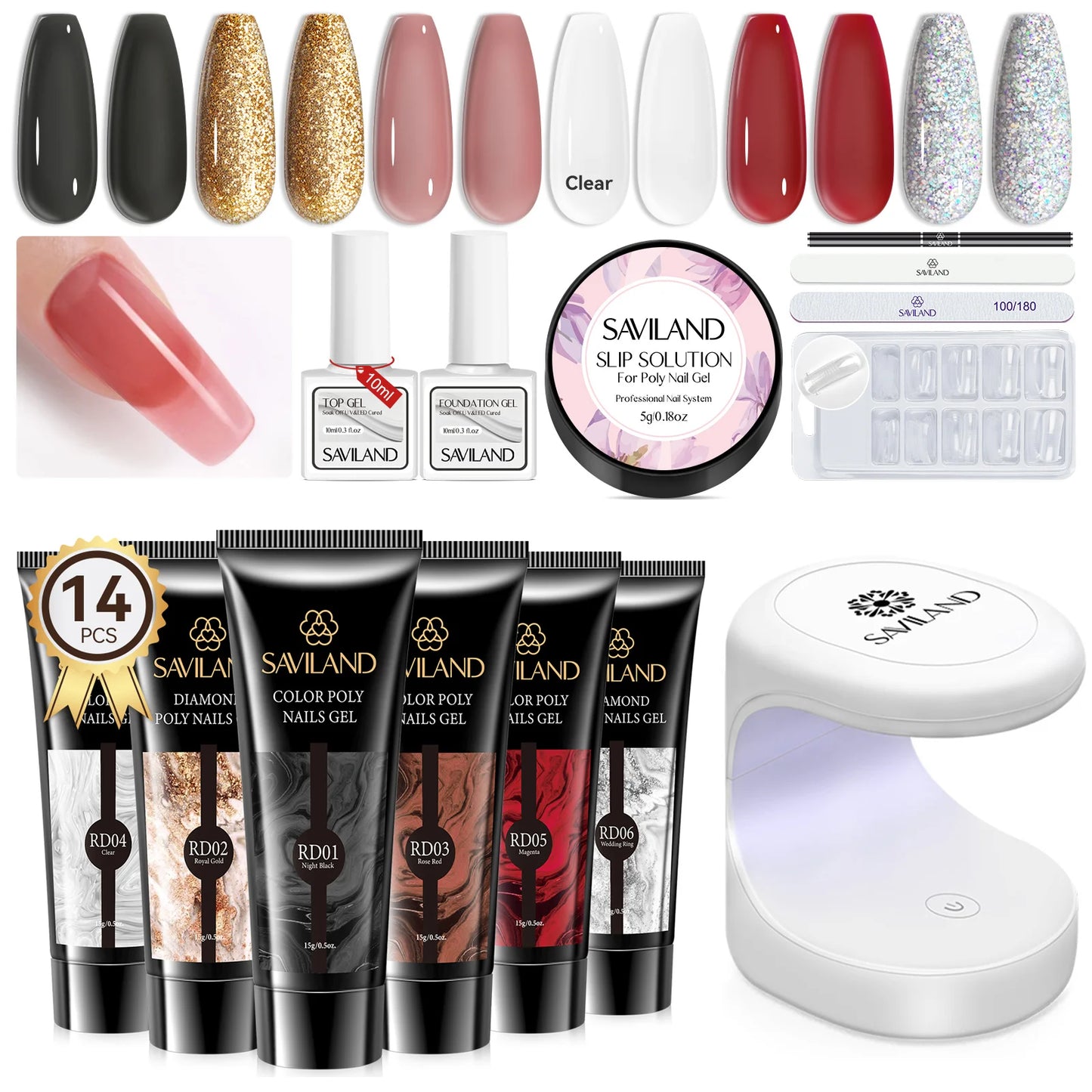 SAVILAND Poly Gel Nail Kit with UV Lamp Starter Set Fast Cure No Lifting Purple Pink Gel with Nail Tips for Beginners Home Salon