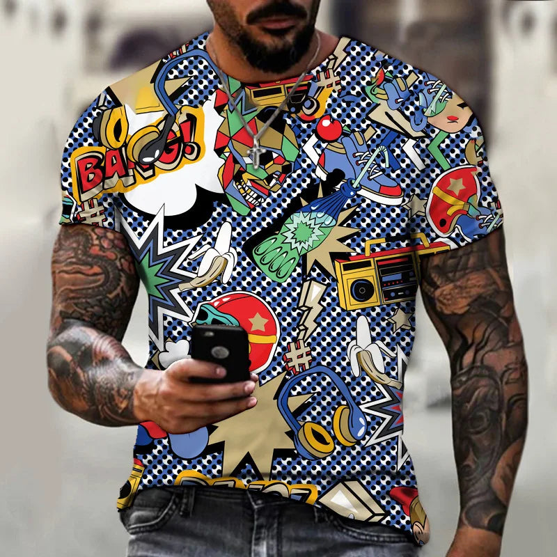 New Fun Graffiti Street T-shirt 3D Printed Men's Hip Hop Summer Cool Tee shirt Casual Youth Popular Personality Short Sleeve Top