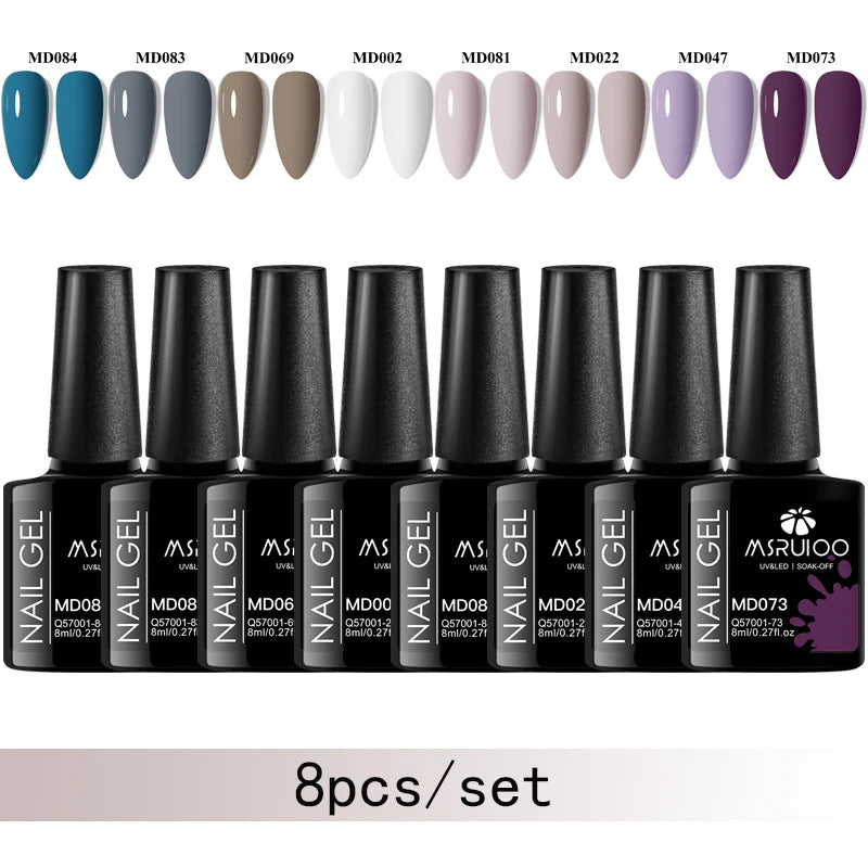 MSRUIOO 8pc Gel Nail Polish Kits Summer Colorful Semi Permanent UV LED Gel Polish Set Glitter Nail Art Varnish Design Manicure