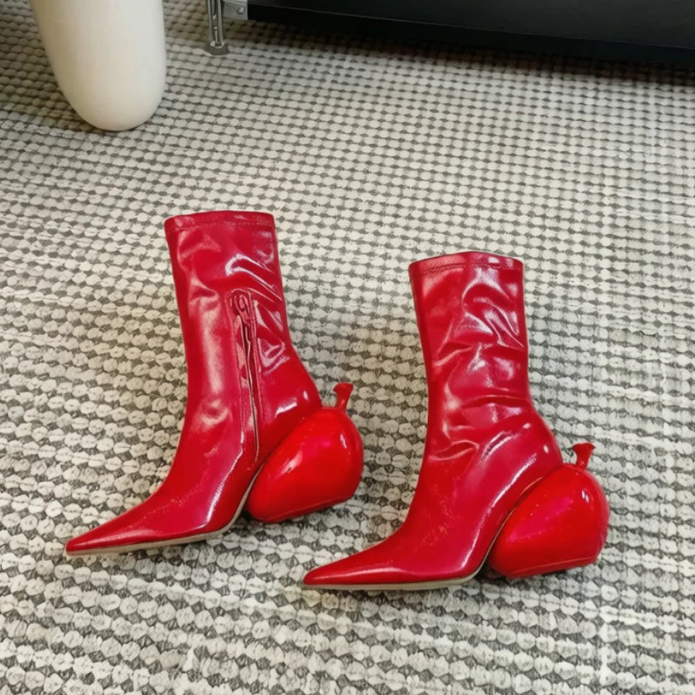 Glossy Red Patent Leather Pointed-Toe Ankle Boots Unique Balloon Heels Design High-Fashion Style for Runway & Artistic Ensembles