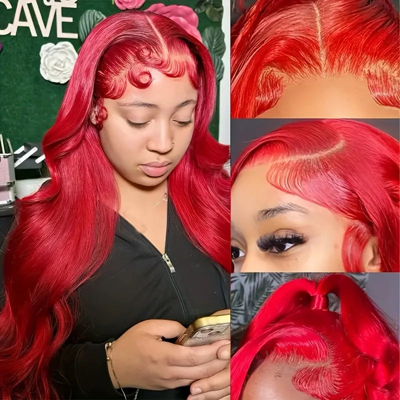 13X4 HD Transparent Lace Wig Red Body Wave Lace Front Wig 220% Density Burgundy Lace Front Wig Pre-plucked Bye Bye Knots Long