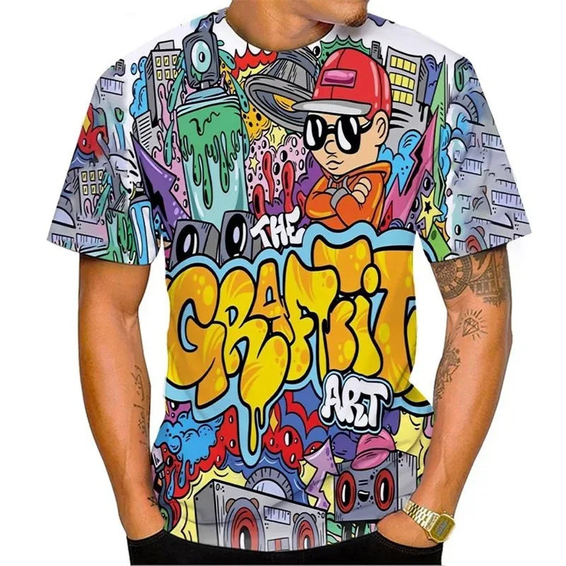 New Fun Graffiti Street T-shirt 3D Printed Men's Hip Hop Summer Cool Tee shirt Casual Youth Popular Personality Short Sleeve Top