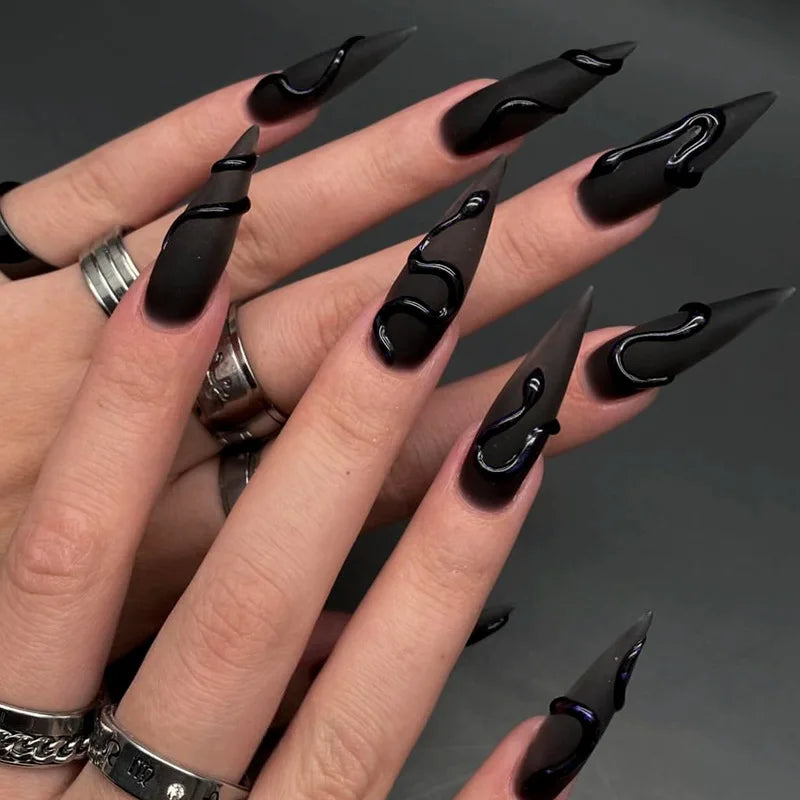 Black Halloween Nails Press on Stiletto Fake Nails Spider Web Designs Long Coffin Ballerina Wearable False Nail for Women 24Pcs