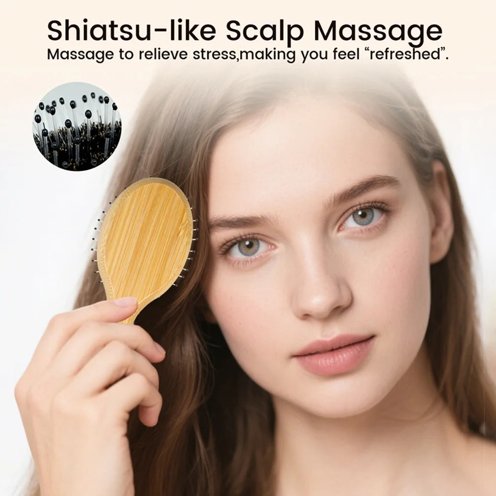 Bamboo Hair Brush Wooden Handle with Boar Bristles for Gentle Hair Combing Detangling and Scalp Massage
