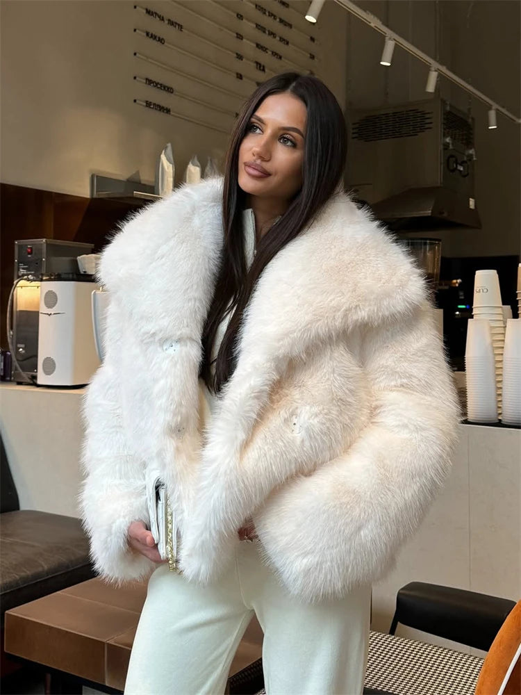 TARUXY Solid Faux Fur Lapel Women's Coat Luxury Gradient Cropped Fluffy Fur Jacket Coat Winter Thicken Outerwear High Street