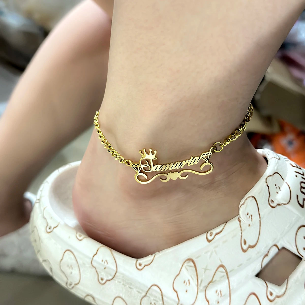 Custom Name Anklet with Crown Personalized Cuban Chain Anklet Stainless Steel Thick Cuban Nameplate Anklet for Women Gift