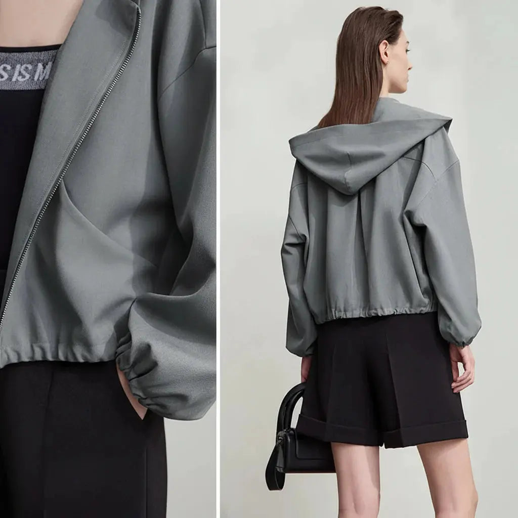 Simple Loose Fit Pleated Hooded Jacket