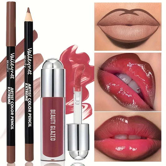 2pcs Lip Gloss & Liner Set Lip Glow Oil with Long-Lasting  Beauty Matte Lip Gloss Matte Lipstick Lip Liner, Lip Liner Set Daily