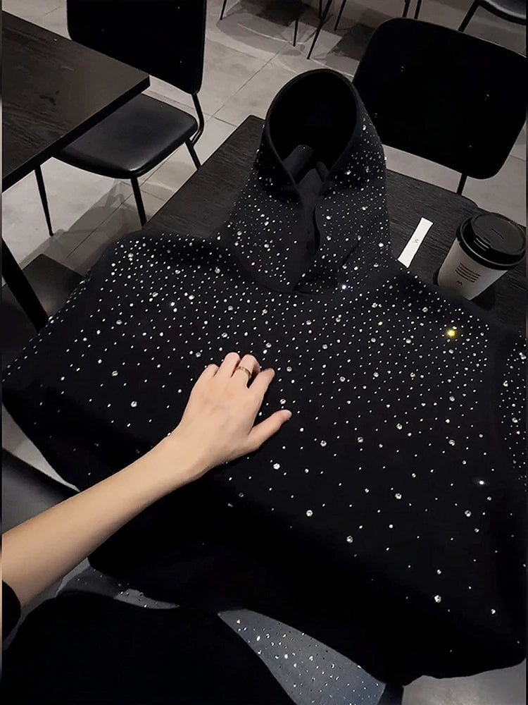 Heavy Duty Street Hoodie with Shoulder Pads and Sparkling Rhinestones