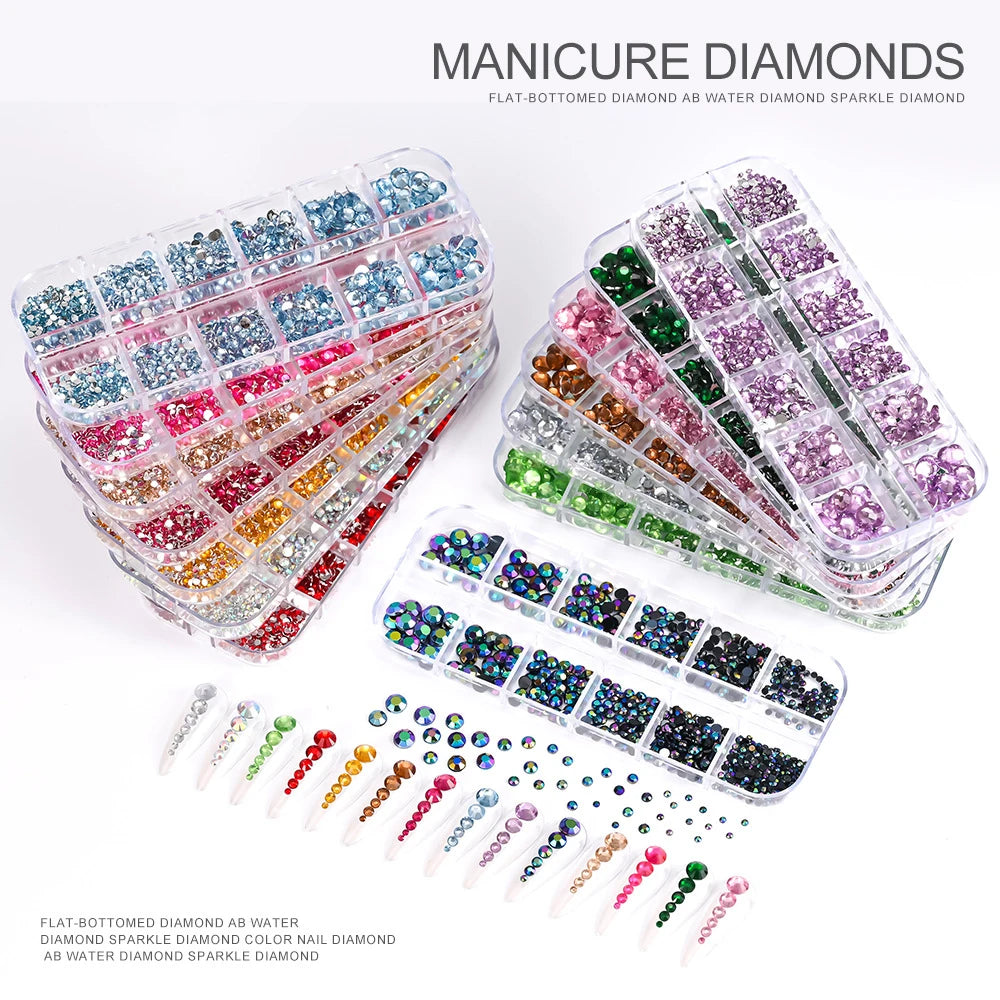 12Grids Sparkle Rose Red Crystal Rhinestones Nail Art Mixed Shape Diamonds Nail Charms Pink Blue Green AB Flatback Nail Ornament