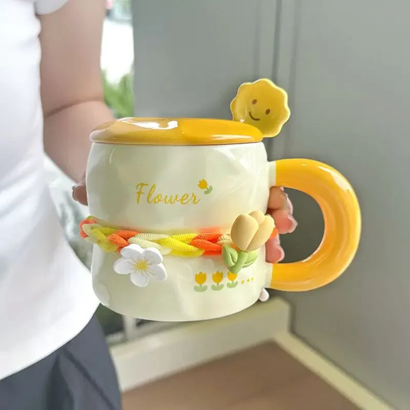 390ML Hand-Painted Flower Tea Cup Ceramic Mug Lid with Spoon Office Drinkware Cups Tea Coffee Milk Juice Bottle Creative Gift