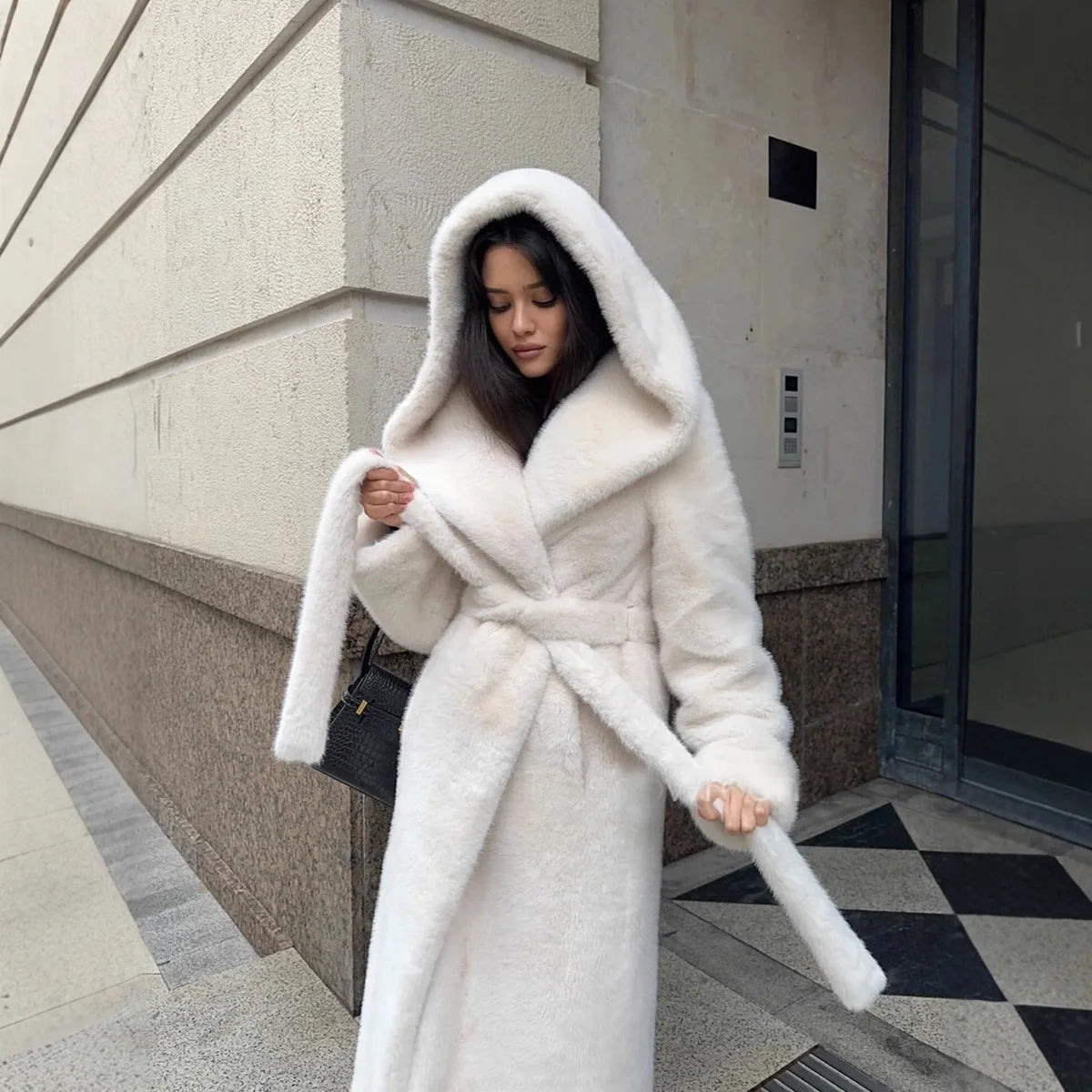 Belted Winter Women Artificial Fur Jacket Thick Cinched Waist Fur Trim Hooded Female Eco Fur Coat Long Warm Lady Faux Fur Coat