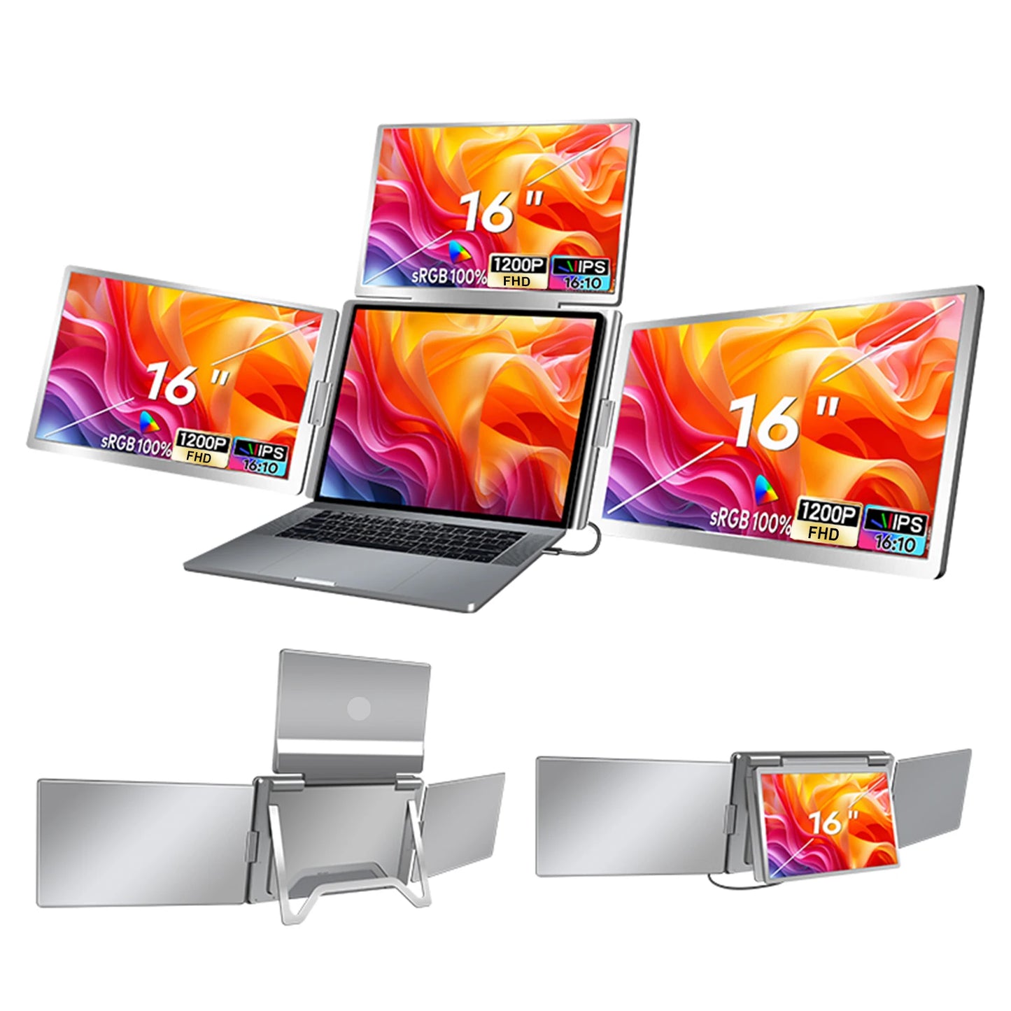 16" Laptop Screen Extender 1200P FHD 16:10 Portable Quad Monitor for 3 Screens Folding Monitor Extender for 12-18.5" Laptops