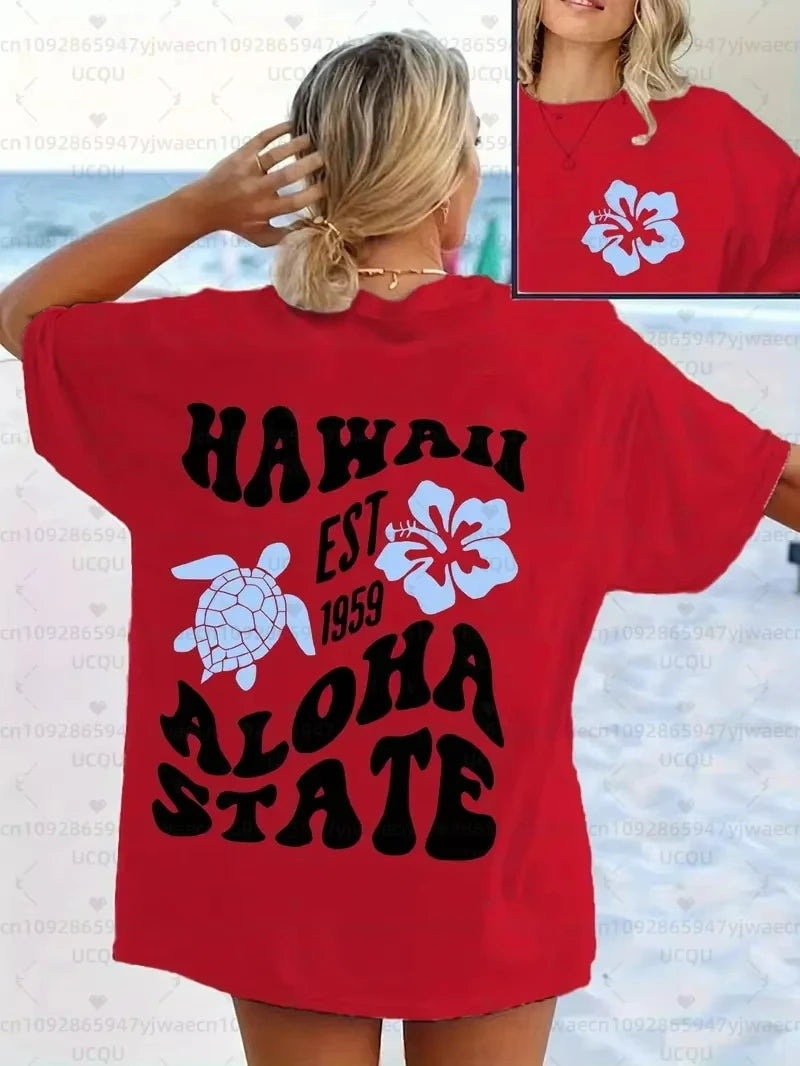 Women's "Let'S Go Hawaii" Graphic T-Shirt Hibiscus Print Casual Short Sleeve Crew Neck Top Beach Outings and Tropical Vibes