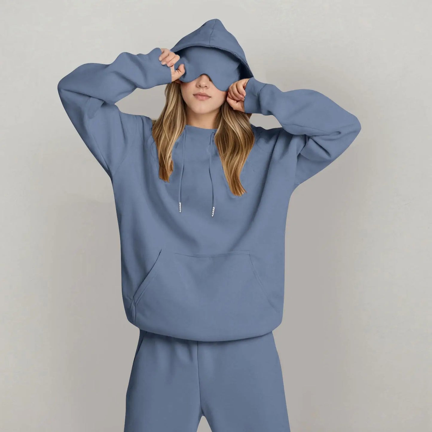 Unisex Hooded Sweatshirt With Built-In Eye Mask Casual Long Sleeved Solid Color Sports Pullover Loose Fit Sweatshirt 2025