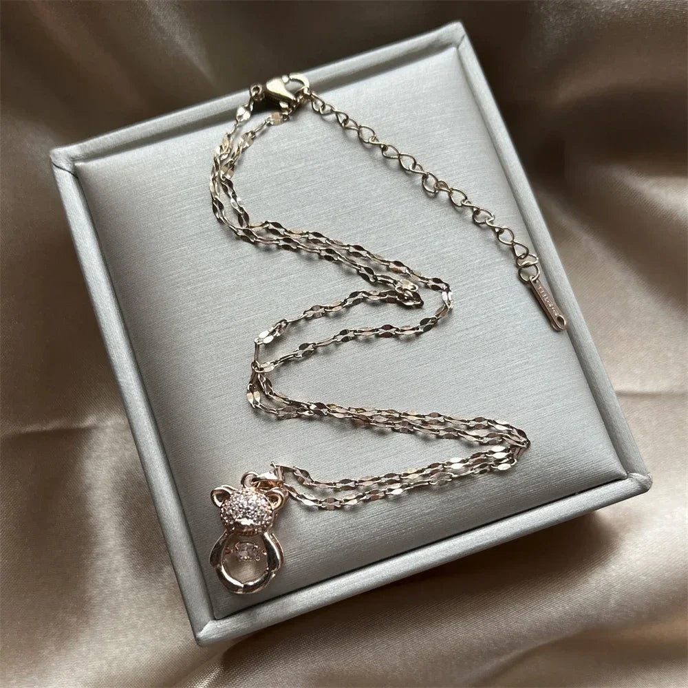 Gold Color Stainless Steel Chain Cute Shiny Zircon Bear Pendant Necklaces for Women Girls Lovely Luxury Jewelry Accessories Gift