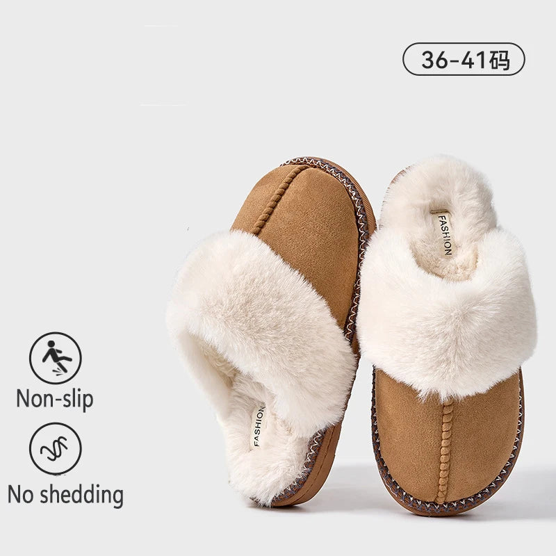 Smile Pop Winter Fur Cotton Slippers For Women Soft Comfort Fuzzy Bedroom Slides Faux Fur Warm Plush Shoes Fluffy House Slippers