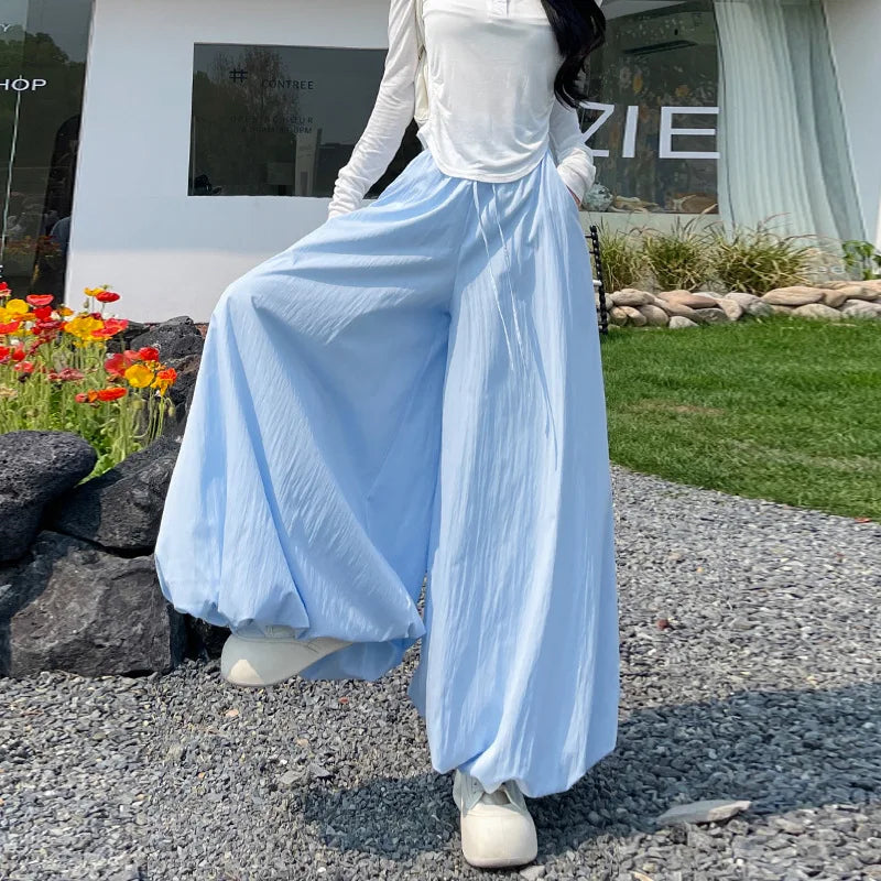 Women's Oversized High Waist Wide Leg Pants Spring Summer Solid Color Casual Cropped Pants Woman Loose Puffy Lantern Trousers