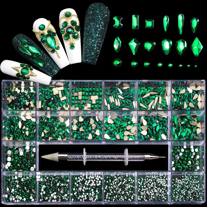 2500pcs Glass Crystal Diamond Flat Bottom Rhinestones Nail Art Decorations 21 Grid Box Nails Accessories Set With 1 Pick Up Pen