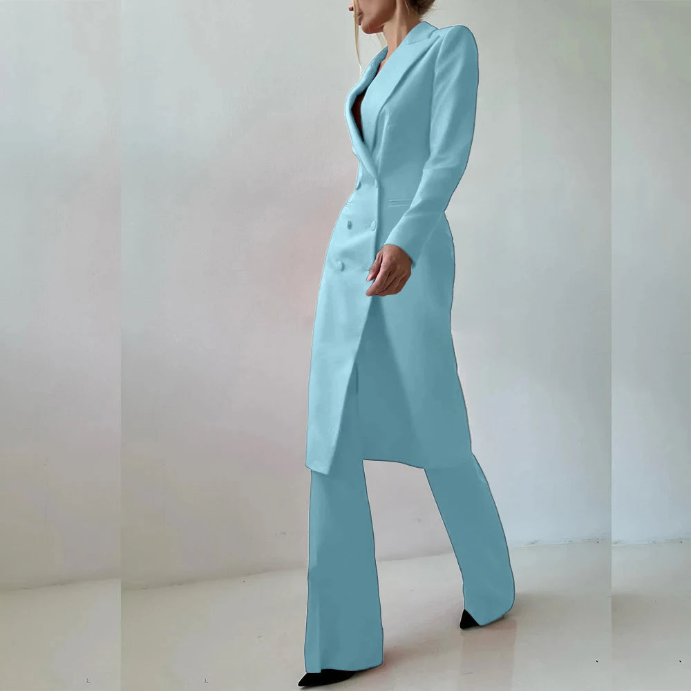 Customized Elegant Slim Fit Women's Suits 2 Piece Blazer Double Breasted Peak Lapel Long Jacket Pants Sets Fashion Clothing 2025