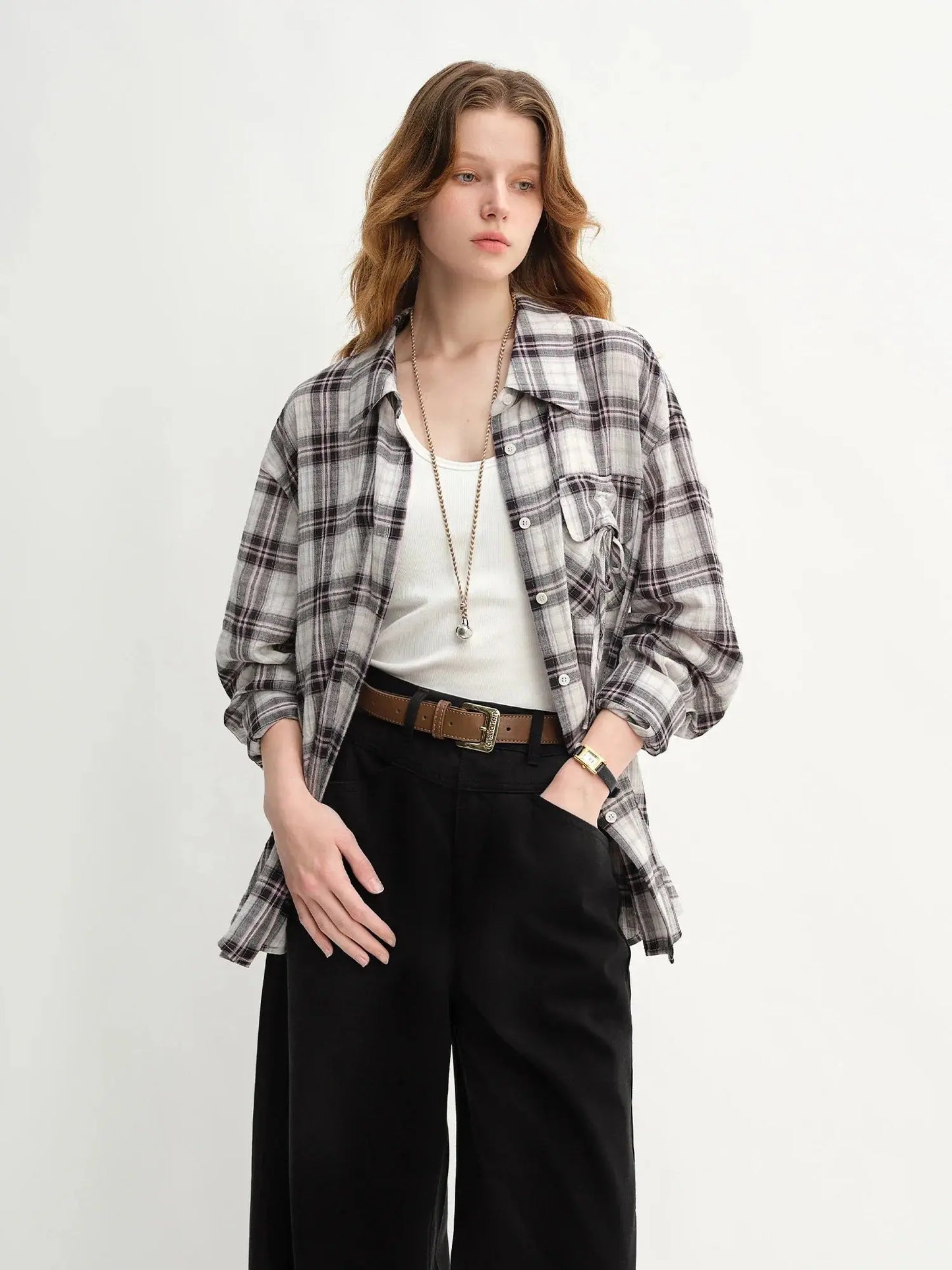 Plus Size Plaid Accent Drawstring Shirt