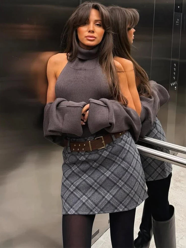 Trendix Knit Tank Top Sets For Women Fashion High Neck Vest And Long Sleeve Shawl 2 Piece Suits Sexy Backless Knitwear Top Femme