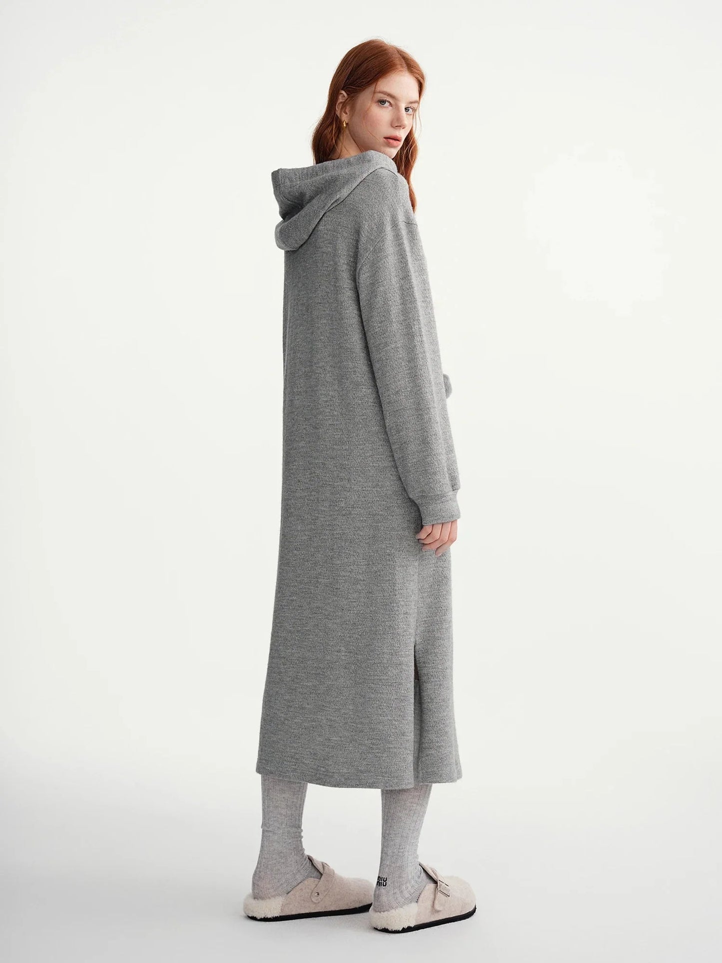 Hooded Knit Dress Drawstring Waist Winter Tunic