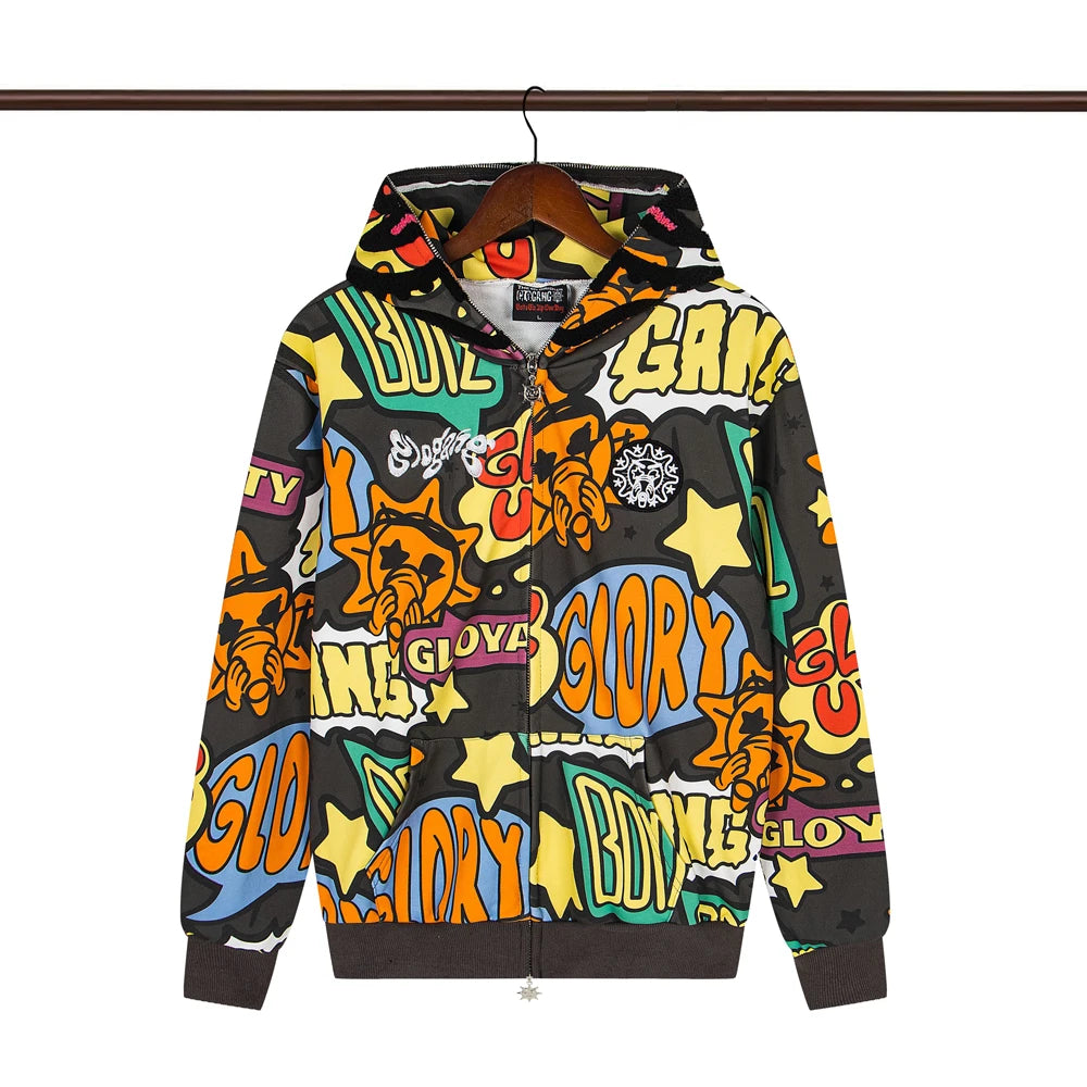 Glo Gang Eroded Glo Thermal embroidery printing Hoodie Men Women High Quality Oversized black full zip Hooded