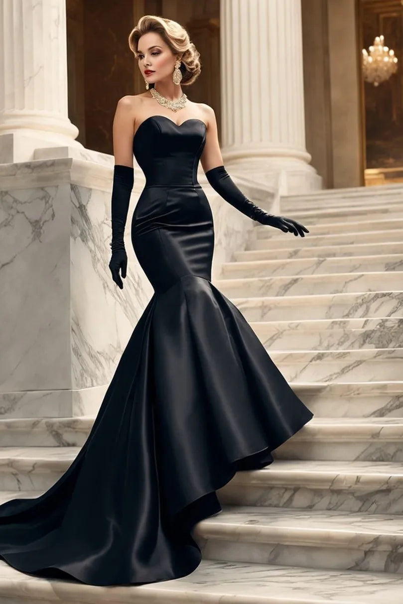 Customized Long Satin Evening Dresses Black Sweetheart فساتين السهرة Mermaid Pleat Sweep Train Prom Dress for Women