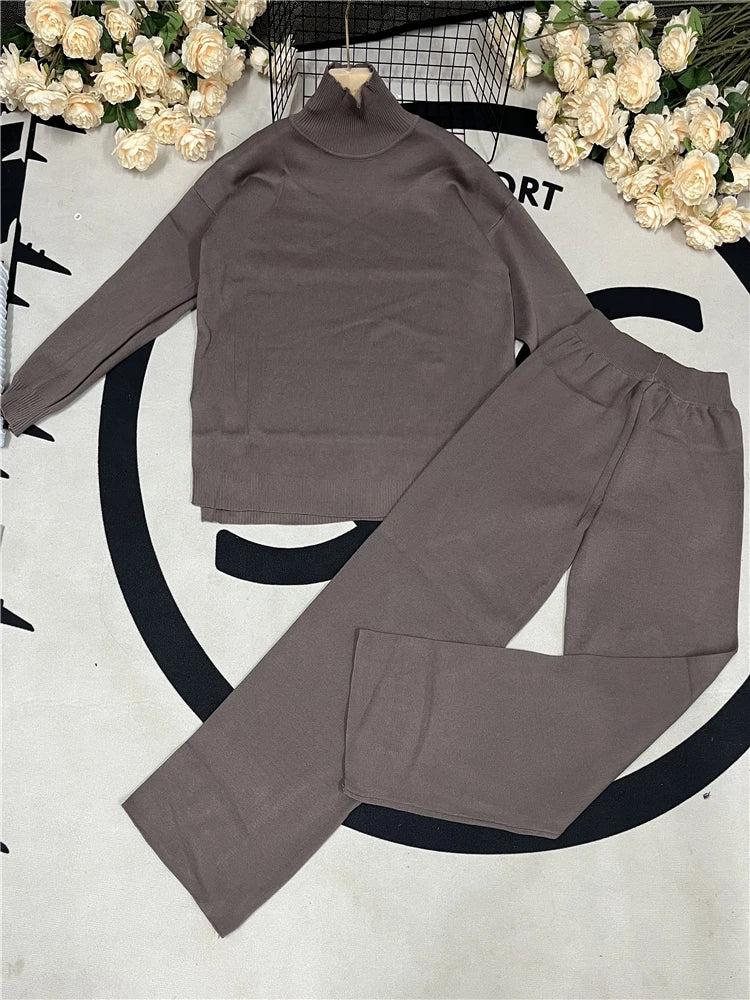 Winter 2 Pieces Women Sets Knitted Tracksuit Turtleneck Sweater and Straight Jogging Pants Suits