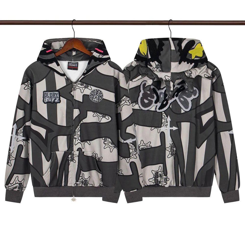 Glo Gang Eroded Glo Thermal embroidery printing Hoodie Men Women High Quality Oversized black full zip Hooded