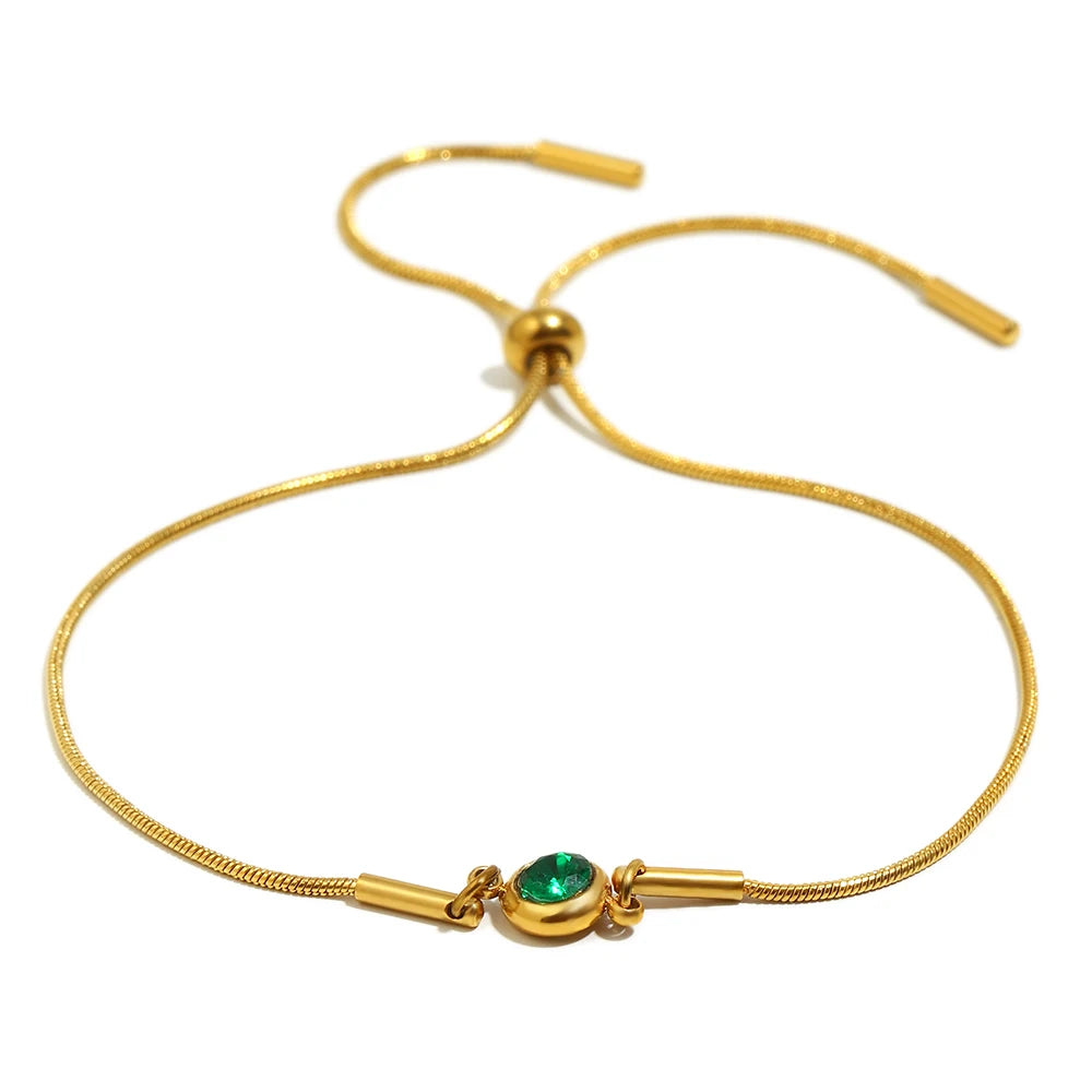 E.B.belle Colorful Round Zircon Birthstone Snake Chain Adjustable Bracelet Chain Gold Plated Stainless Steel Women Chic Jewelry