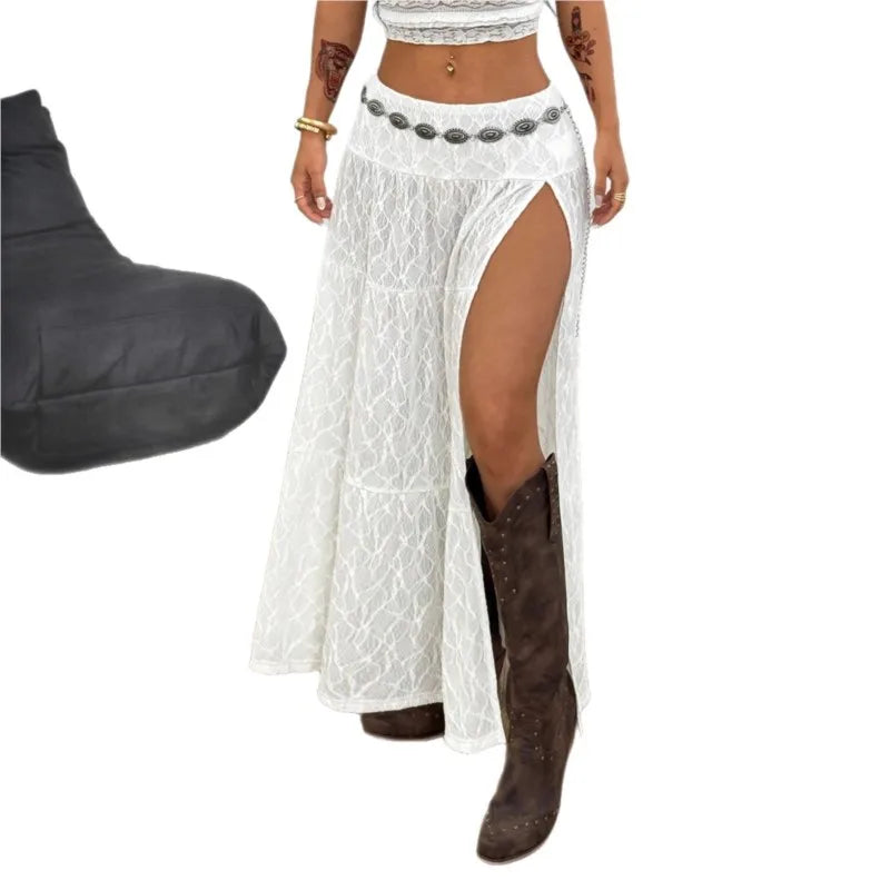 Women's Skirt Summer Fashion New Beach Style Textured Slit Long Skirt Sexy Vacation A-Line Boho White Midi Skirt For Women 2026